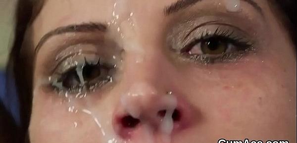  Naughty bombshell gets cumshot on her face gulping all the jizz